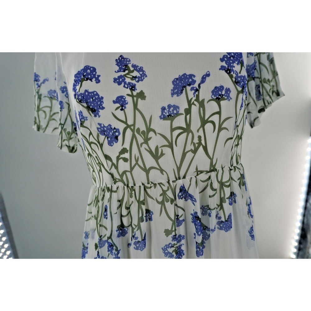 Feiman White Floral Chiffon Midi Dress Short Sleeve Blue Embroidery Size M - Picture 6 of 11
